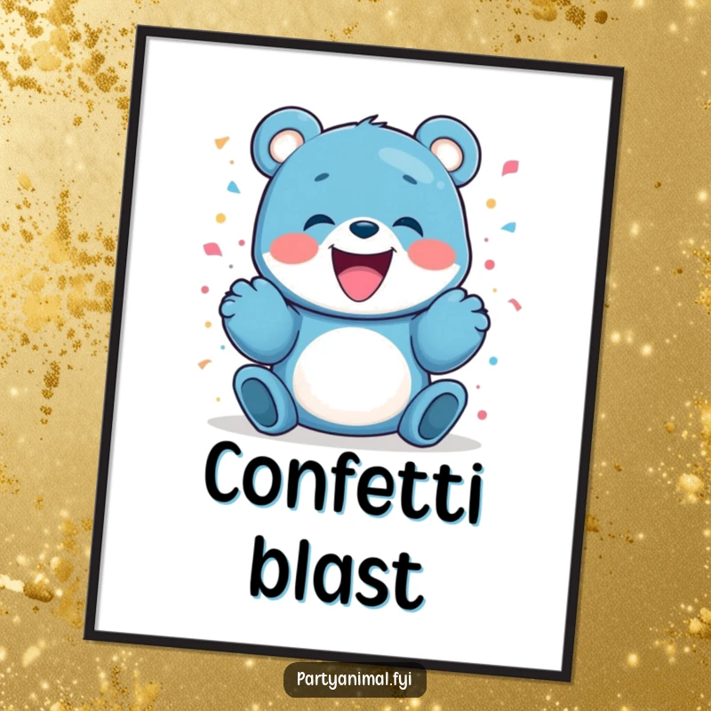 Funny blue bear character gleefully launching confetti, a digital artwork radiating pure celebration and playful energy.