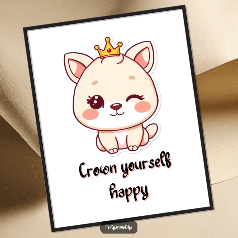 Funny animal character winking with a tiny crown, a downloadable digital art print delivering instant regal humor and charm.