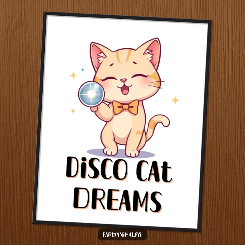 Funny Cat Bow Tie Disco Ball Digital Art Print: A playful cat wearing a bow tie bats at a shiny disco ball, creating a glamorous and fun digital artwork.