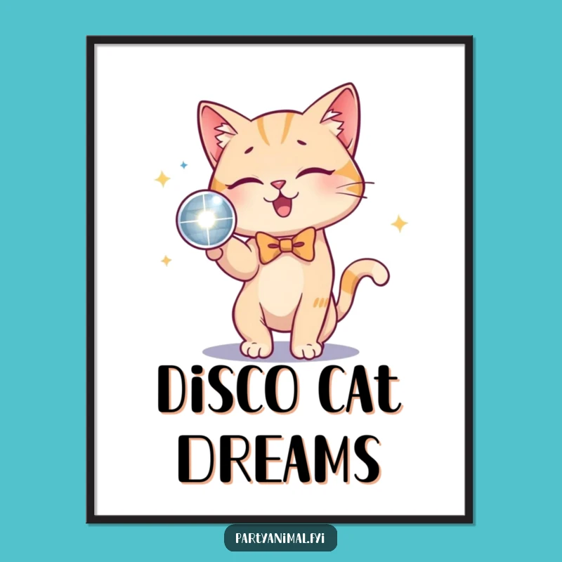 Funny Cat Bow Tie Disco Ball Digital Art: Chic Wall Decor, Stunning Funny Gift!