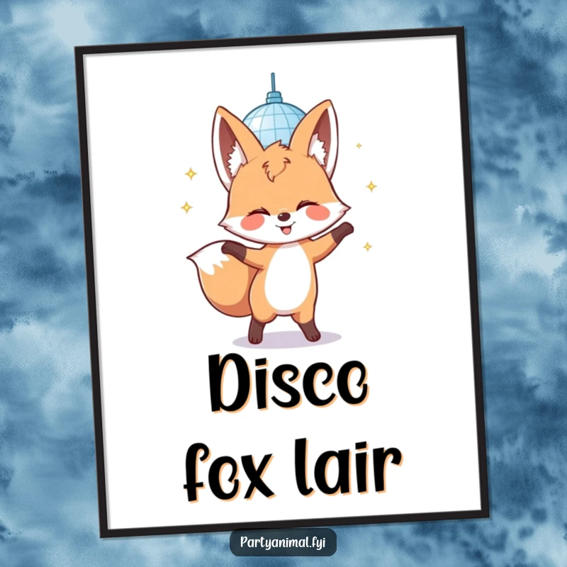 Funny digital art print of a giggling fox dancing under a sparkling disco mirror ball, perfect for immediate groovy decor.