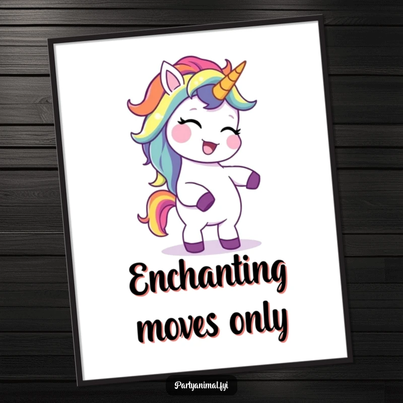 Funny unicorn digital art print, a giggling character with a rainbow mane, executing a silly dance, perfect for joyful digital or physical display.
