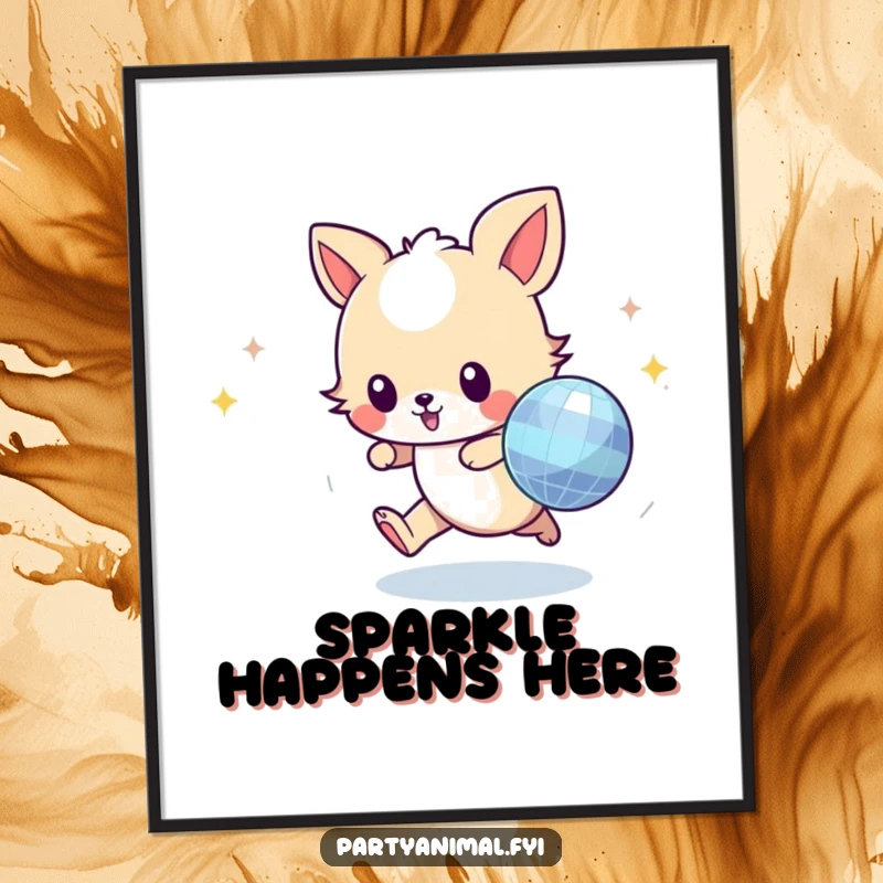 Funny animal character leaping towards a vibrant disco ball, a downloadable digital art print for instant humor and decor.