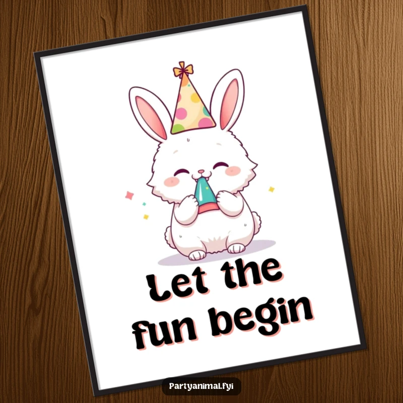 Funny digital art print of a fluffy bunny in a party hat joyfully blowing a noisemaker, perfect for immediate festive decor.