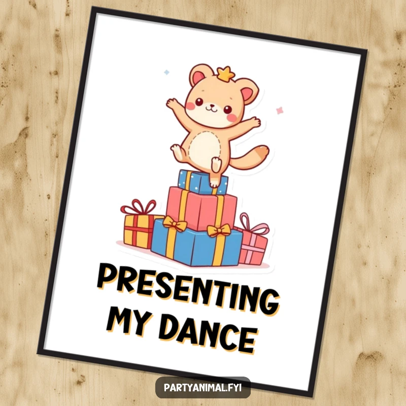 Funny animal character dancing on a stack of colorful presents as a digital art print, offering instant celebration and festive vibes.