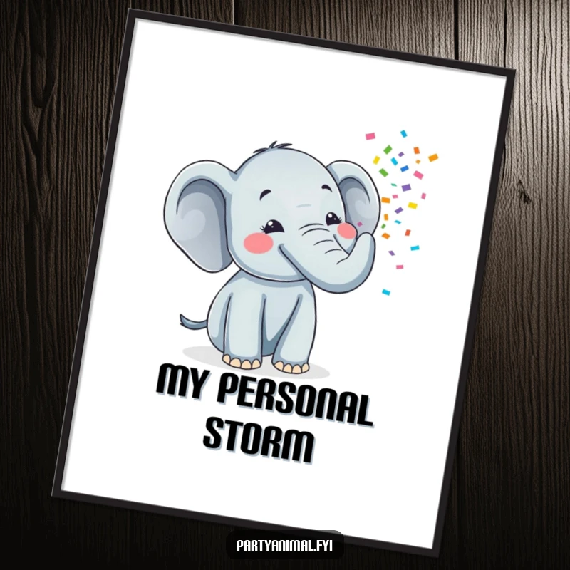 Funny digital art print of a cheerful elephant blowing a colorful stream of confetti from its trunk, radiating happiness and fun.