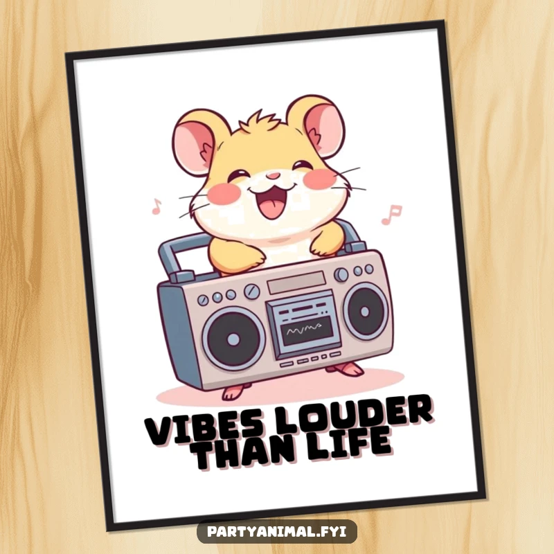 Funny hamster digital art print, a cheerful character riding a miniature boombox, grooving to music, perfect for vibrant wall decor.