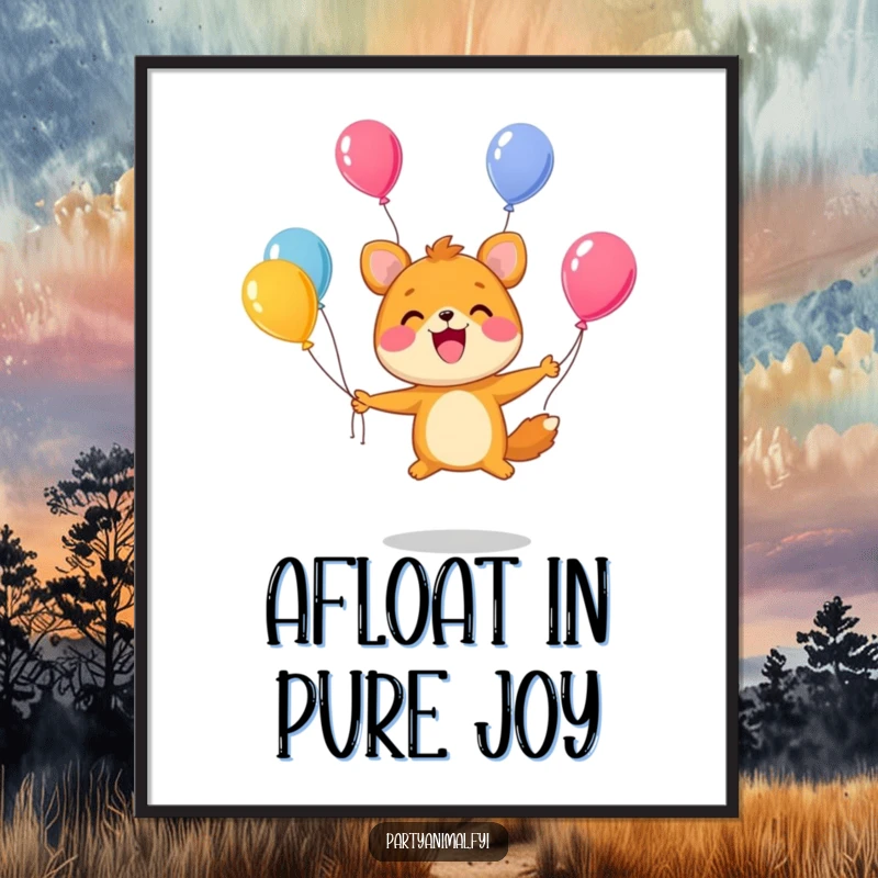 Funny Digital Art Print: A cute animal character joyfully juggles colorful balloons with an enormous, beaming smile.