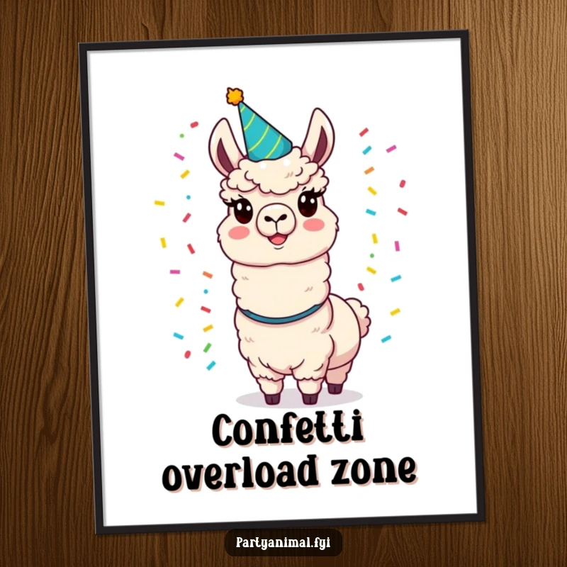 Funny llama digital art print of a cheerful llama in a party hat juggling colorful confetti, ready to download and display.