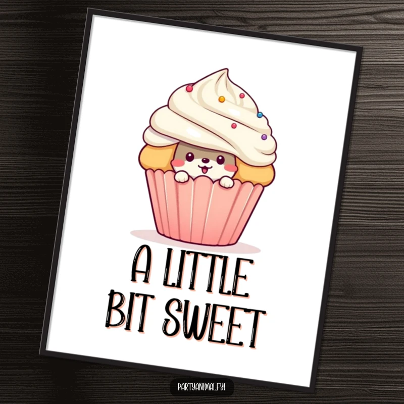 Funny mischievous animal character peeking from behind a giant cupcake as a digital art print, offering instant sweet charm and playful vibes.