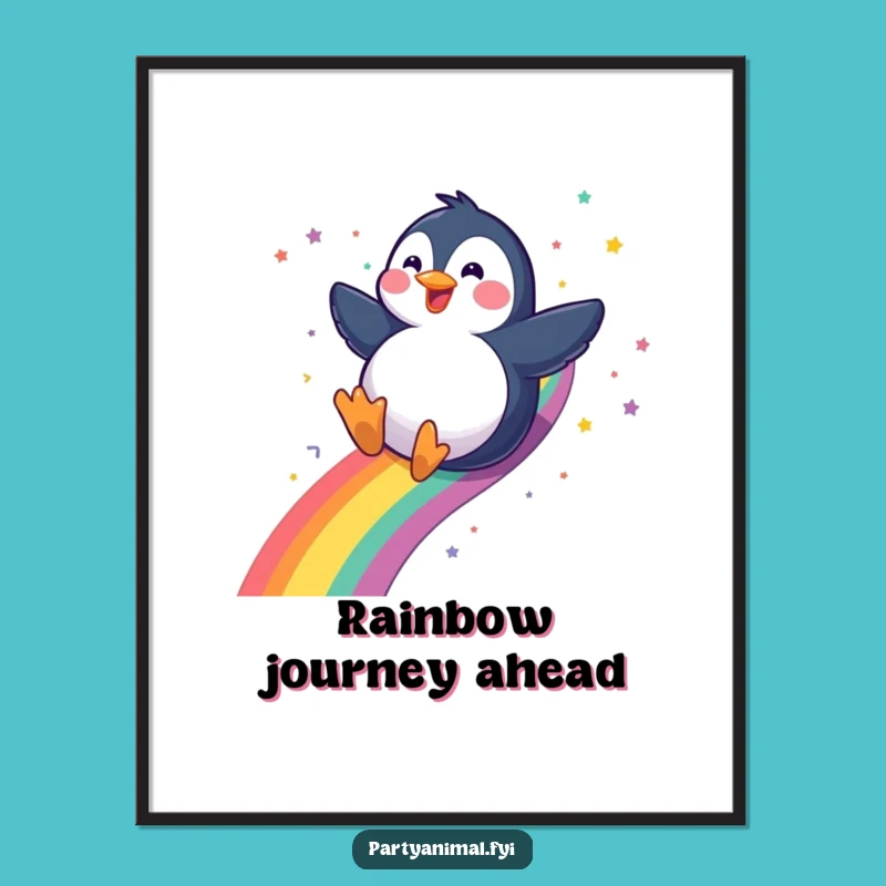 Funny Penguin Digital Art: Gleeful Rainbow Slide Print Gift