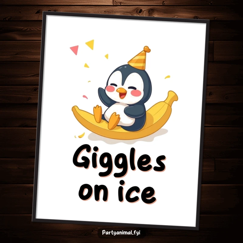 Funny giggling penguin character sliding on a banana peel at a party in a vibrant, humorous digital art print.