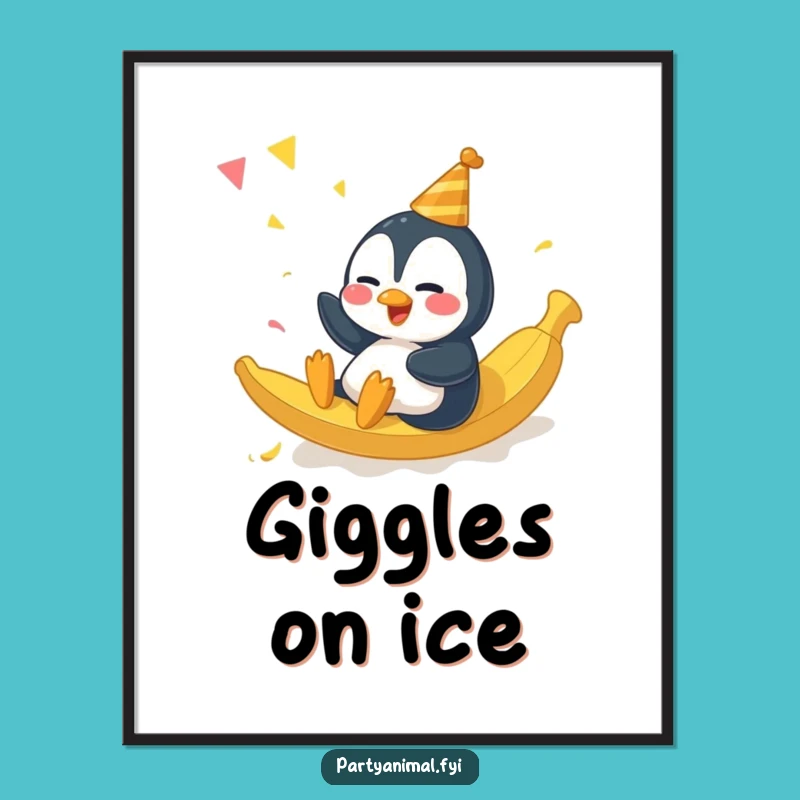 Funny Penguin Party Art Print - Giggling Slide Digital Gift