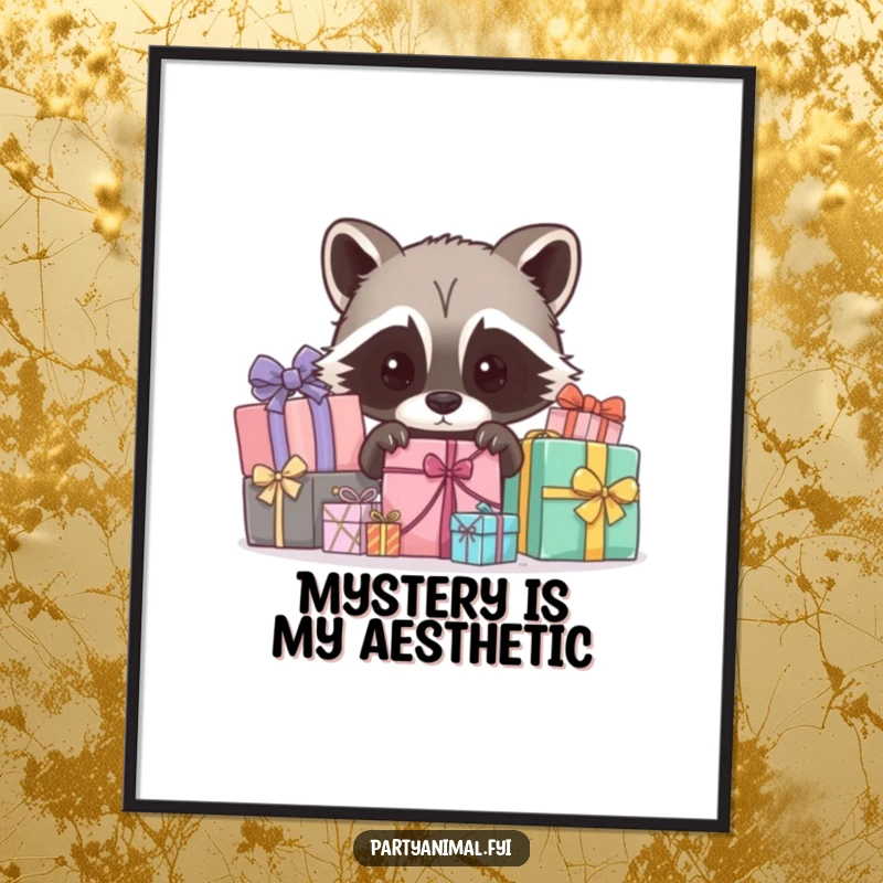 Funny raccoon digital art print, a curious character peeking out from behind wrapped gifts, exuding curiosity, perfect for decor.