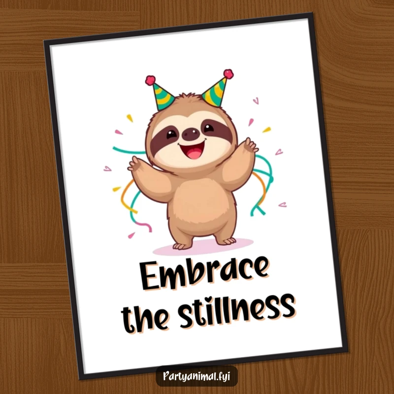 Funny happy sloth wearing party streamers, slow-motion shimmying, digital art print for instant relaxed decoration, perfect for adding humor, a funny gift.