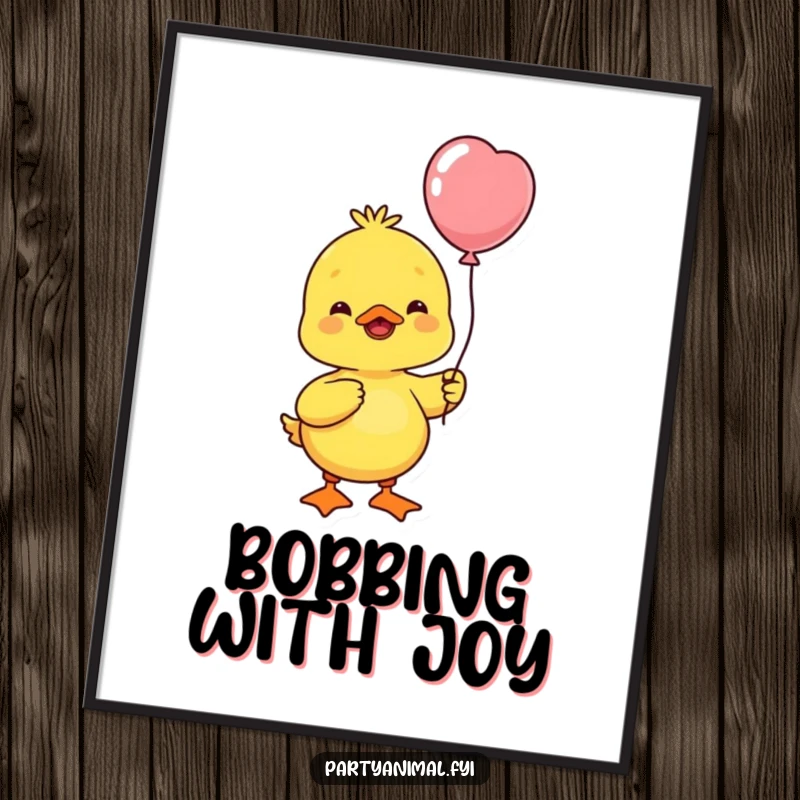 Funny yellow duck character holding a balloon and joyfully bobbing its head, a digital artwork radiating optimism.