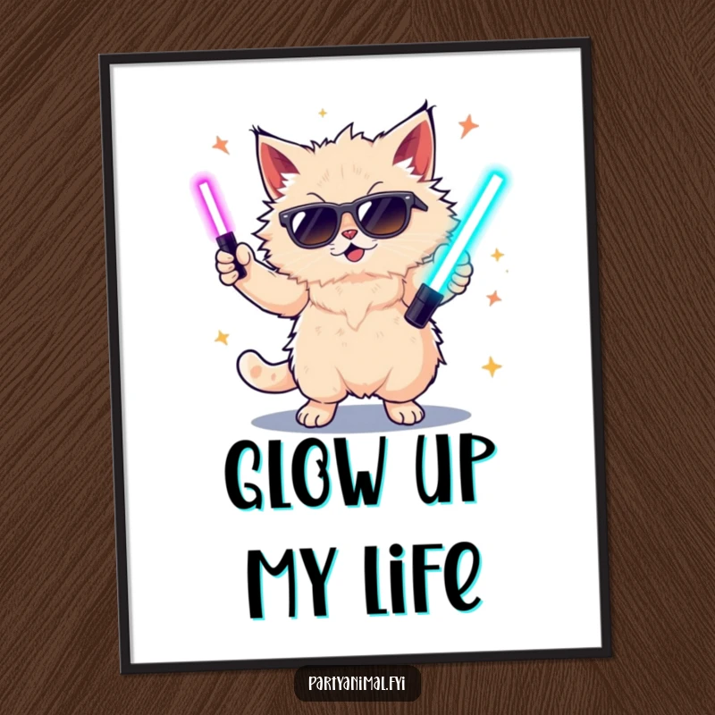 Funny digital art print of a cat in sunglasses dancing with glow sticks, perfect for party-themed home decor.