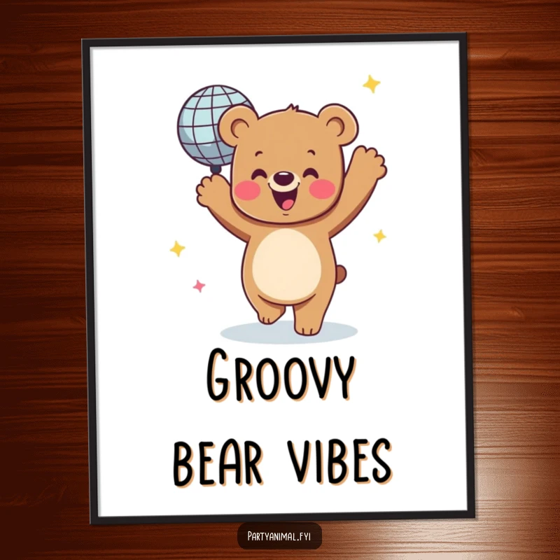 Funny digital art print of a joyful bear character dancing with a shimmering, spinning disco ball, perfect for instant festive decor.