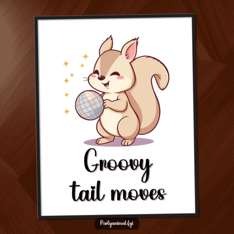 Funny digital art of a hyper squirrel spinning a dazzling disco ball with its tail, evoking a lively and energetic party atmosphere.
