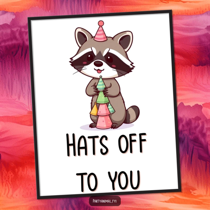 Funny Digital Art Print of a mischievous raccoon balancing a stack of tiny party hats, capturing a moment of playful challenge and festive spirit.