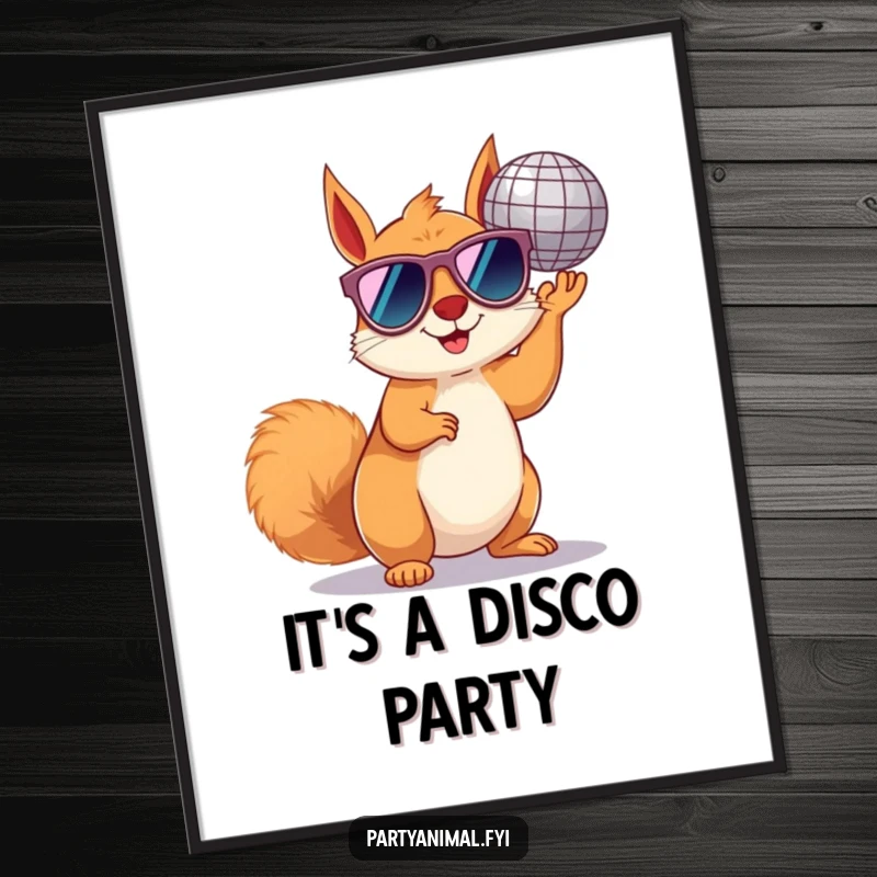 Funny squirrel digital art print of a cool squirrel in sunglasses holding a disco ball, ready for instant download.