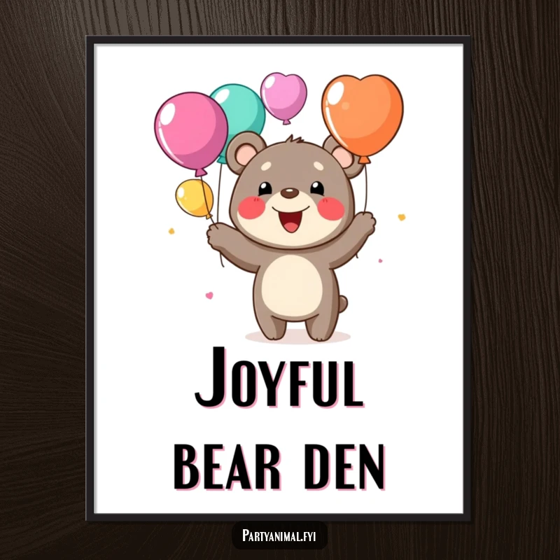 Funny digital art print of a cheerful bear with a wide grin juggling colorful balloons, perfect for immediate joyful decor.
