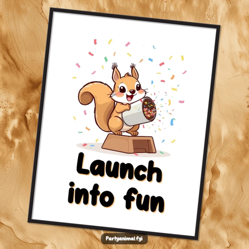 Funny playful squirrel launching from a giant confetti cannon, digital art print for instant energetic decoration, perfect for adding humor, a funny gift.