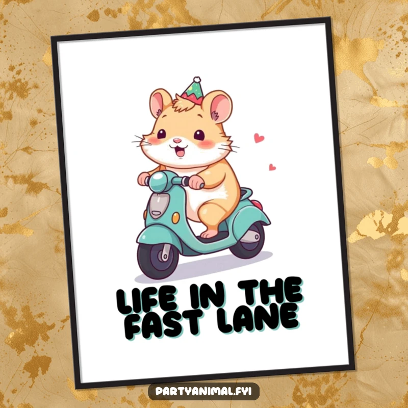 Funny Hamster Digital Art Print: A smiling hamster joyfully rides a miniature decorated party scooter, radiating fun and cheerful energy.