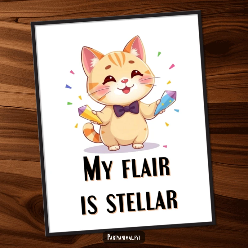 Funny digital art print of a smiling cat in a tiny bow tie, expertly juggling three colorful confetti cones, vibrant and cheerful.