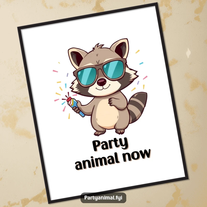 Funny digital art print of a mischievous raccoon in sunglasses holding a confetti popper, ready for download.