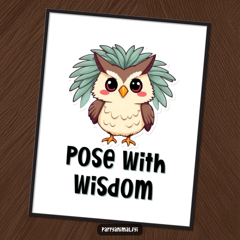 Funny digital art print of a silly owl in a feathered boa, striking a confident pose, adding instant theatrical glamour and humor.