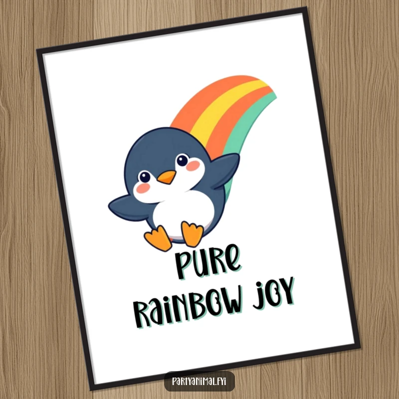 Funny digital art print of a determined penguin character sliding down a colorful rainbow, perfect for instant adventurous decor.