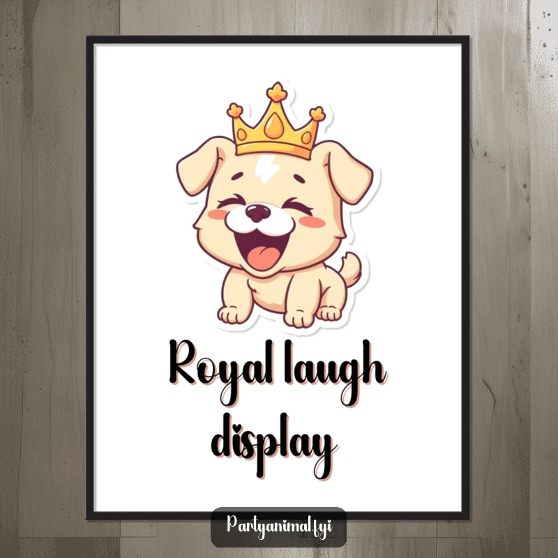 Funny digital art print of a playful puppy crowned as king, roaring with ecstatic laughter, bringing instant royal humor to any space.