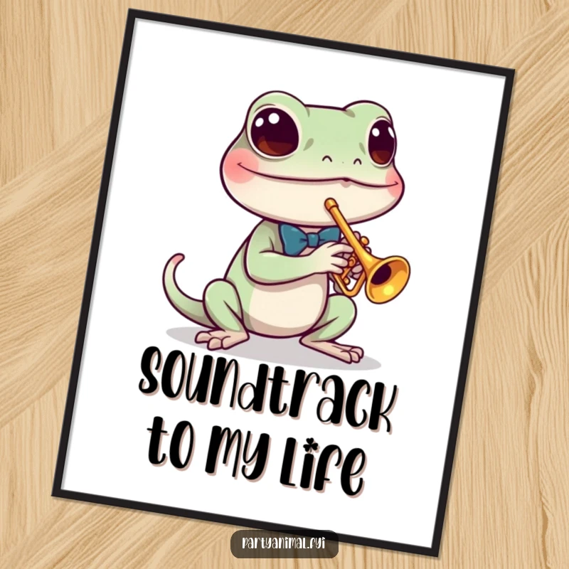 Funny digital art print of a dapper gecko wearing a tiny bow tie, playing a miniature trumpet, ready for framing.