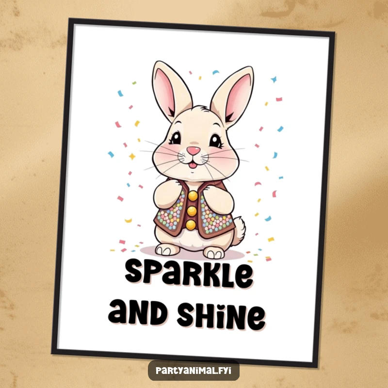 Funny Digital Art Print of a sequined rabbit blowing confetti, capturing a moment of pure celebration and whimsical delight, ready for easy printing.