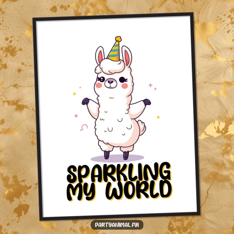 Funny digital art print of a winking llama dancing with a giant, sparkling party horn, radiating fun and fiesta vibes.
