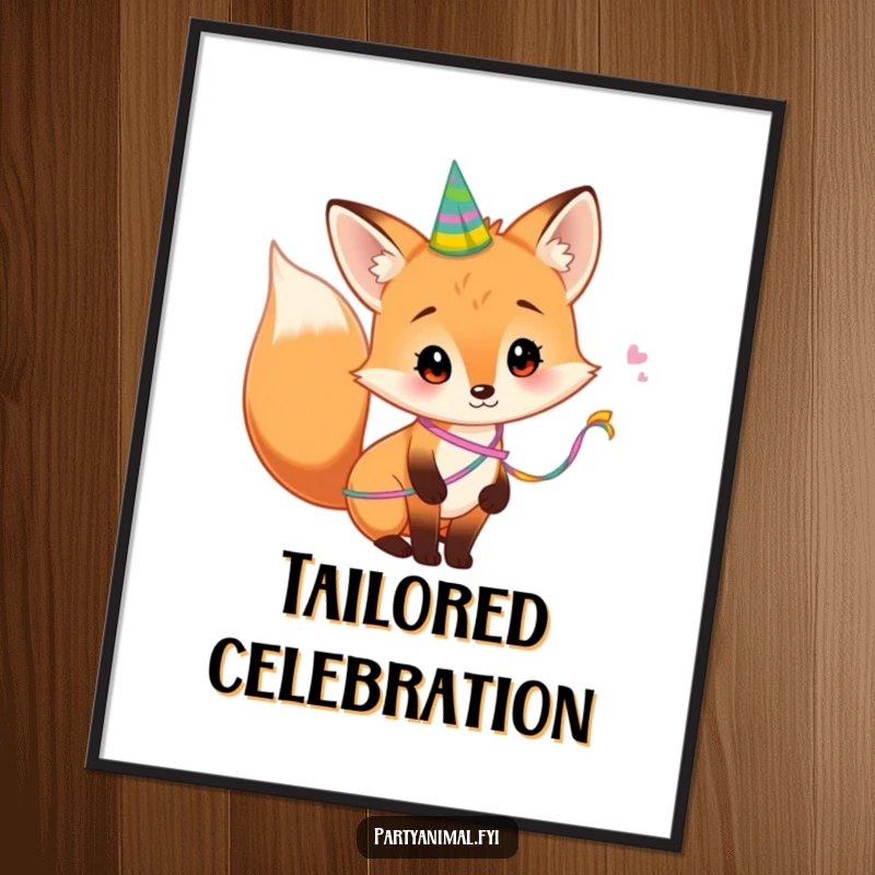 Funny Digital Art Print of a curious fox with a party streamer wrapped around its tail, capturing a moment of playful charm and festive spirit.