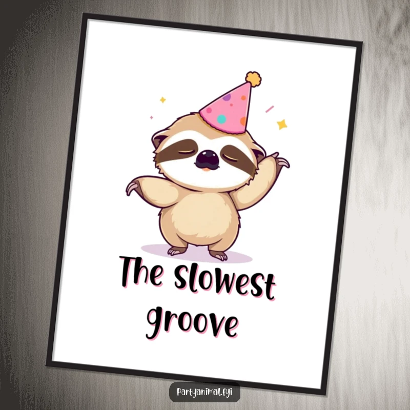 Funny digital art print of a sleepy sloth in a party hat attempting the Macarena, bringing slow-motion fun to walls.