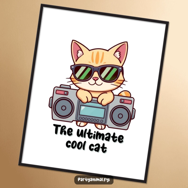 Funny digital art print of a cat wearing sunglasses, posing coolly on a boombox, perfect for instant hip-hop inspired decor.