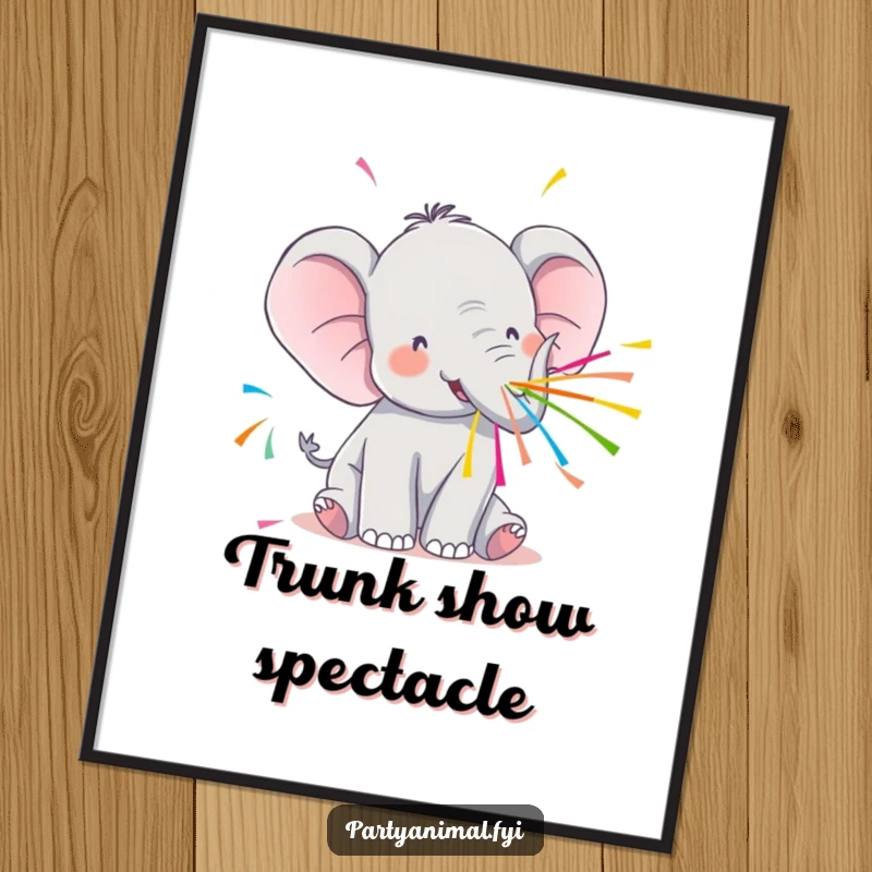 Funny Kawaii Elephant Digital Art: Cute elephant playfully spraying colorful streamers, instant festive and humorous wall art.