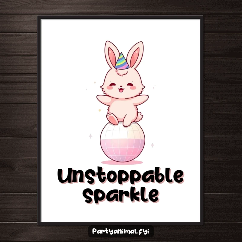 Funny digital art print of a fluffy pink bunny wearing a party hat, joyfully bouncing on a disco ball with pure energy.