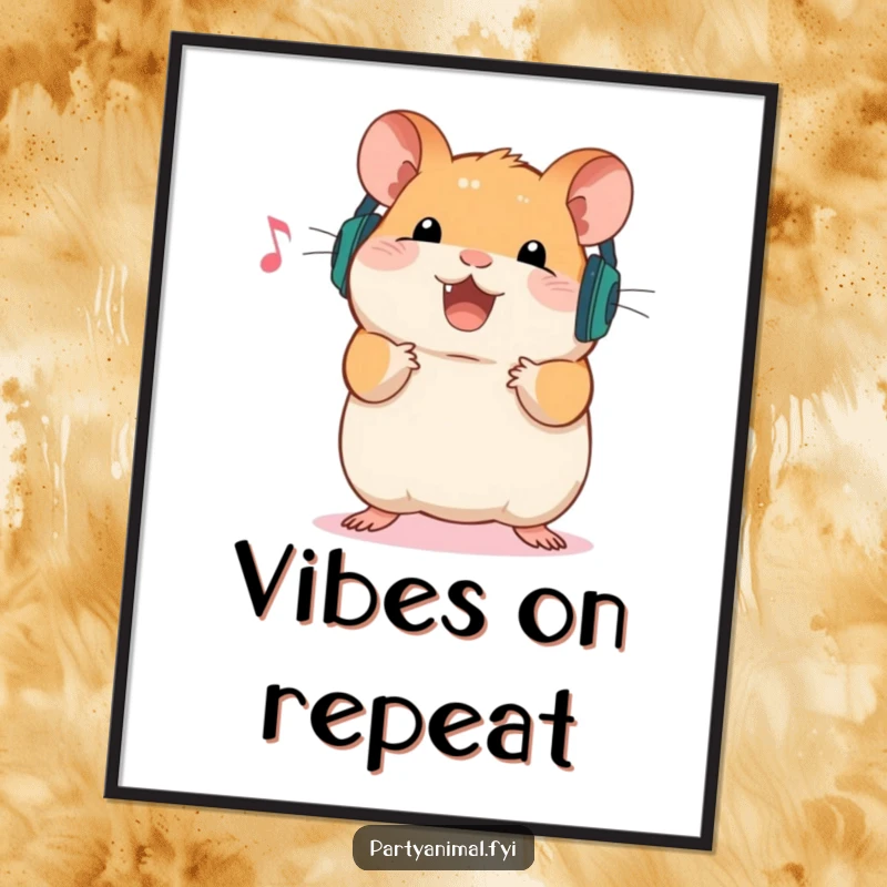 Funny Digital Art Print of a happy hamster wearing tiny headphones, energetically bouncing to music, creating a lively and joyful visual piece.