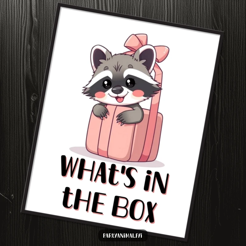 Funny raccoon digital art print of a giggling raccoon peeking from behind a giant unwrapped gift, ready for download.