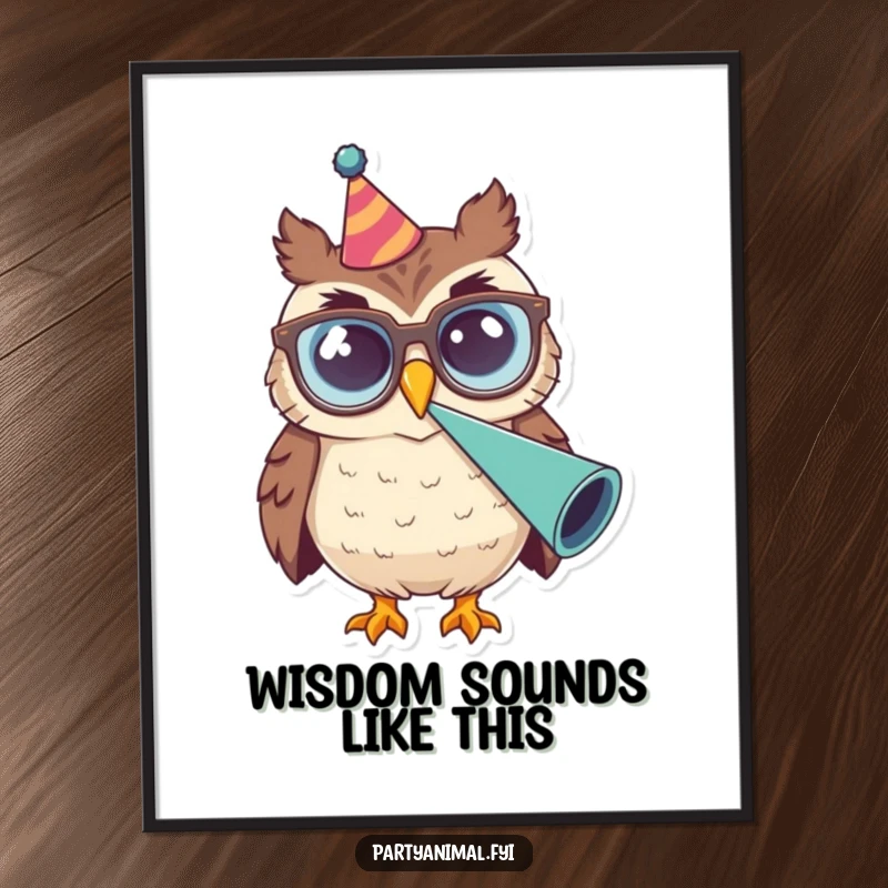 Funny Owl Glasses Party Horn Digital Art Print: A smiling owl with oversized glasses loudly blows a party horn, creating a festive and humorous digital artwork.