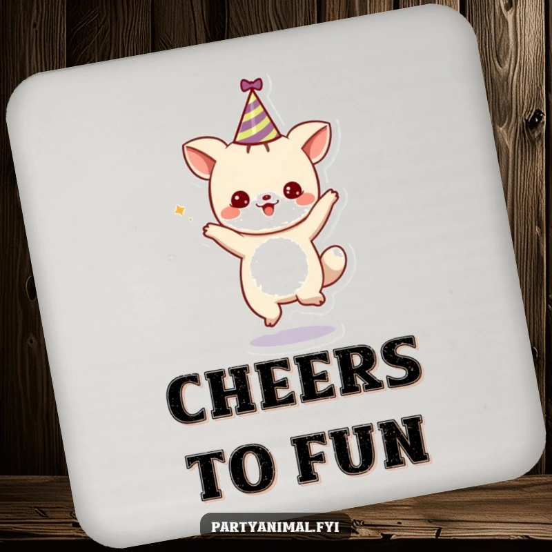 Funny Coaster: A cute animal character dancing in a party hat, offering protection with a touch of festive flair.