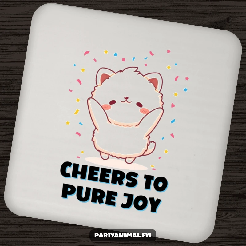 Funny fluffy animal character joyfully throwing confetti on a drink coaster, adding festive cheer and surface protection.