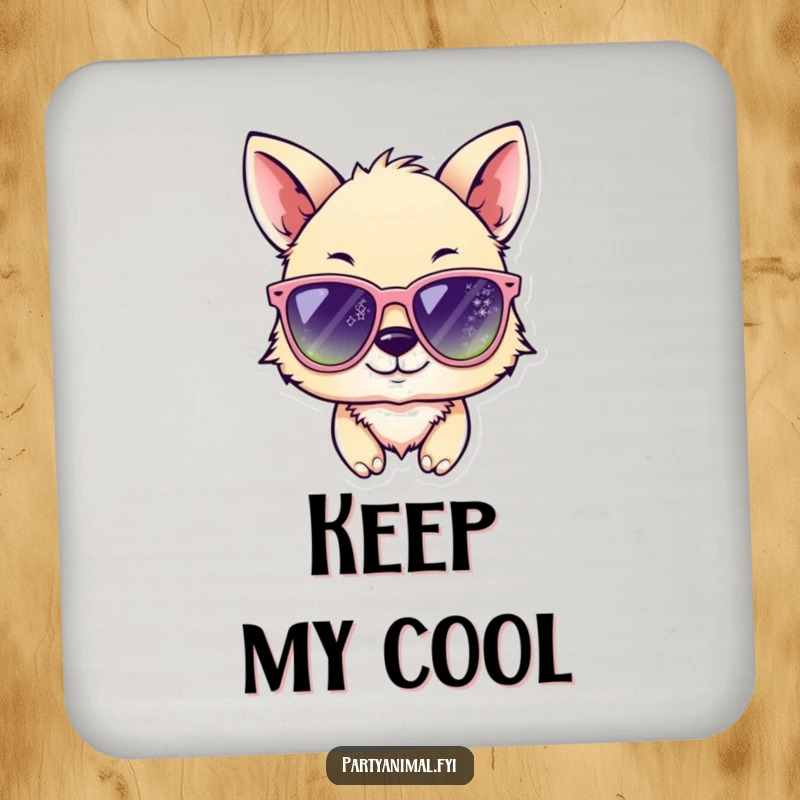 Funny animal character winking in oversized, sparkling sunglasses on a drink coaster, providing surface protection with hilarious style.
