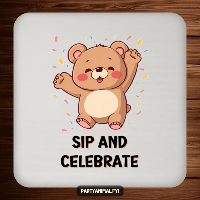 A chubby bear dances wildly with confetti falling on a round drink coaster, adding a touch of fun to any surface.