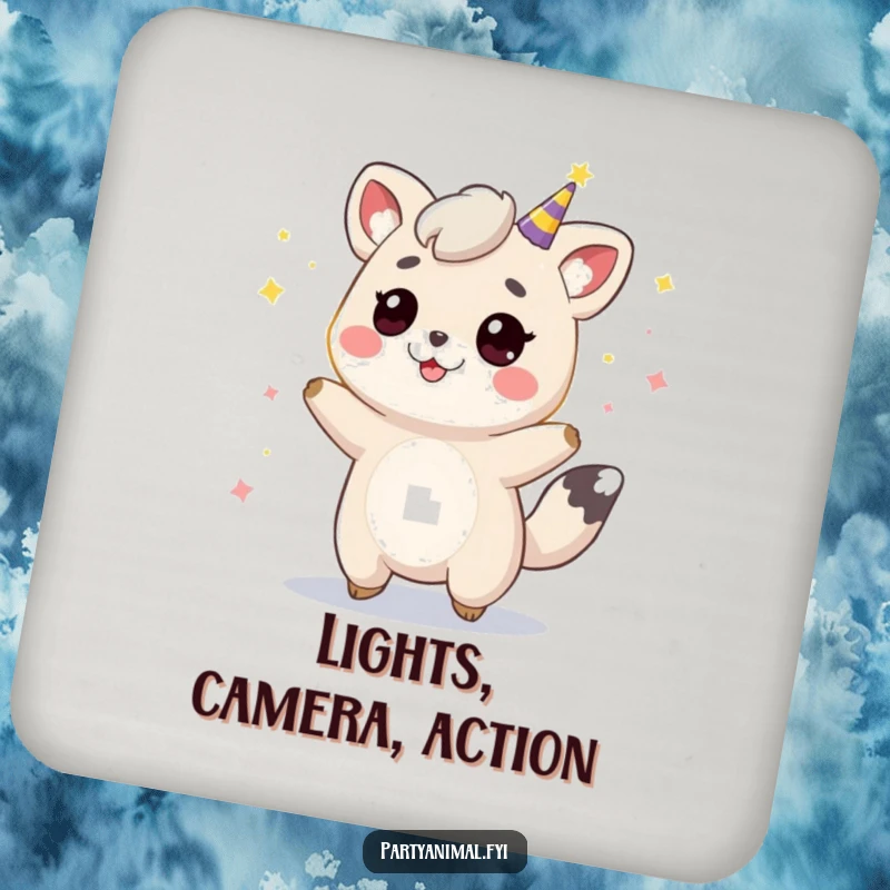 Funny animal character bouncing amidst party lights, serving as a humorous and protective drink coaster for any surface.