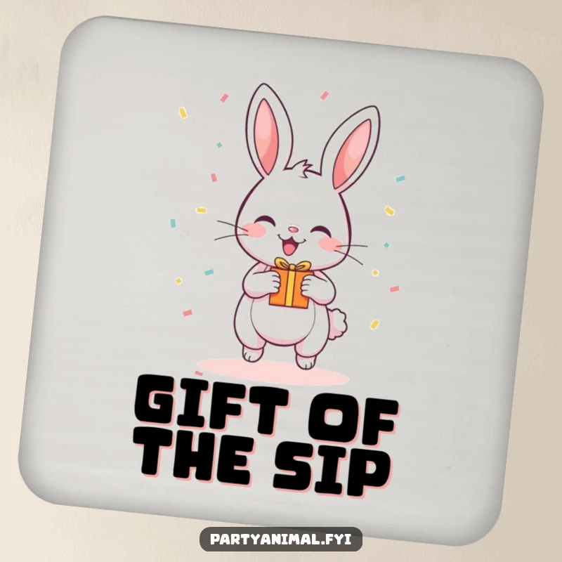 Funny Drink Coaster showcasing a happy, bouncing bunny with falling confetti and a tiny gift.